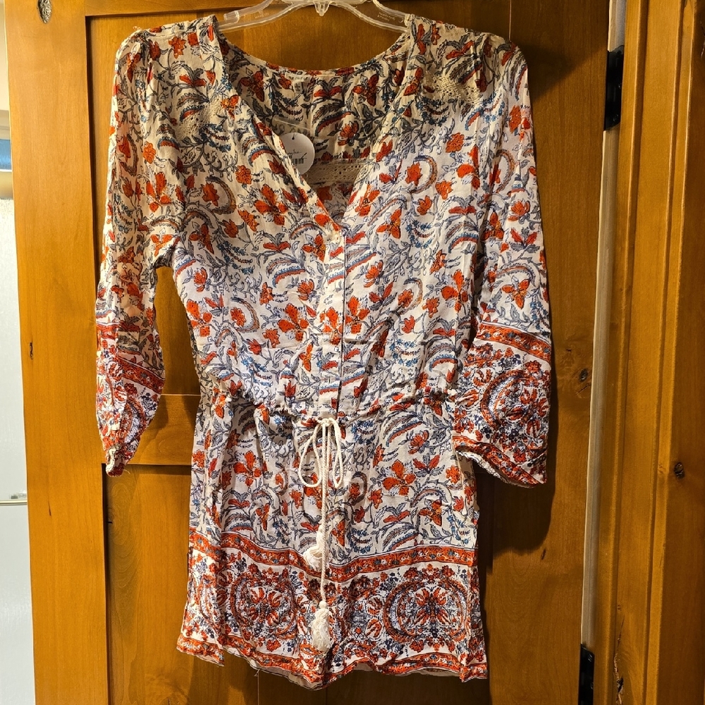 En Creme Floral Jumpsuit in Red and Blue